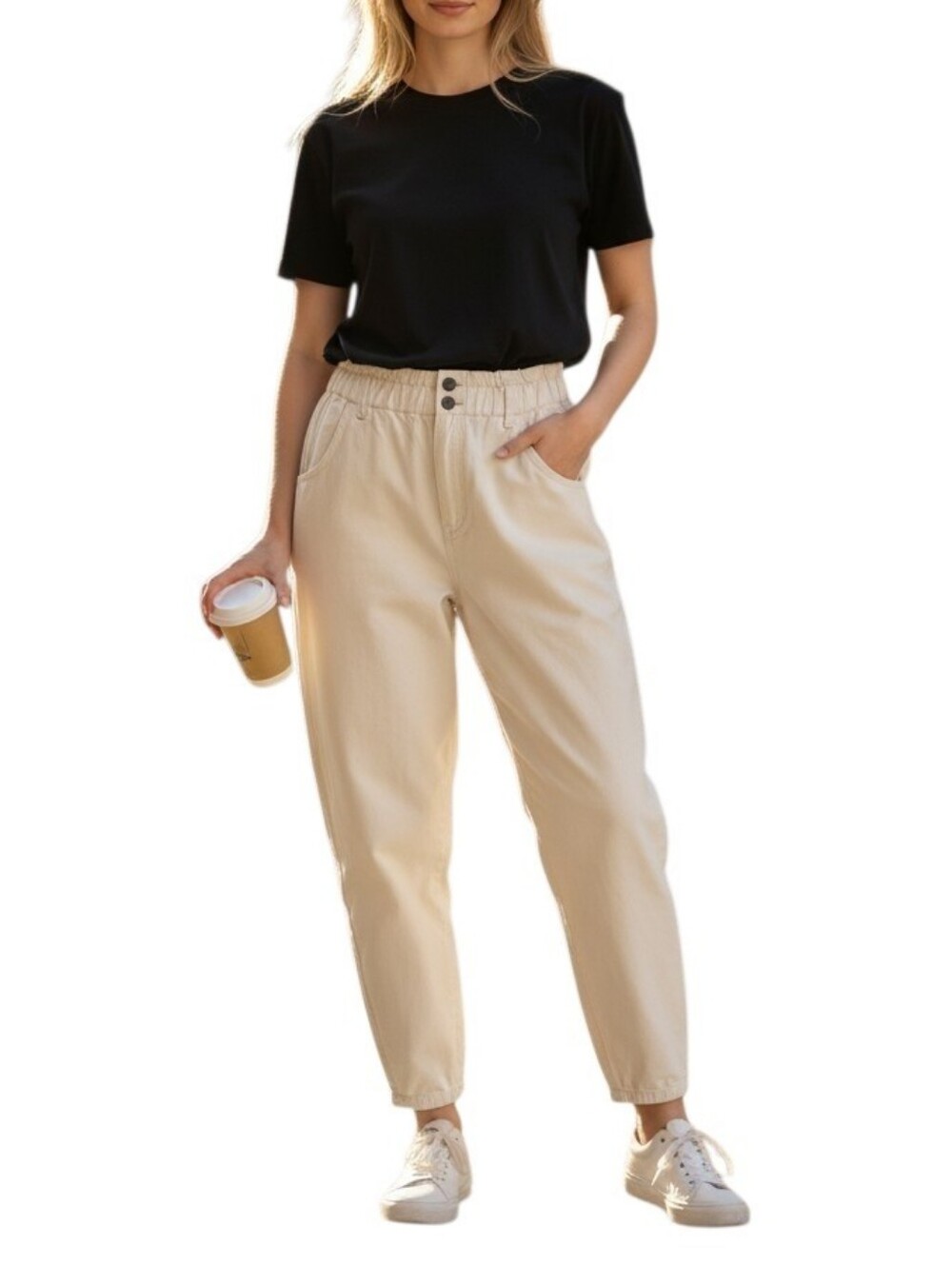 By Together 100% Cotton Cream Paperbag Waist Pants - Size Medium